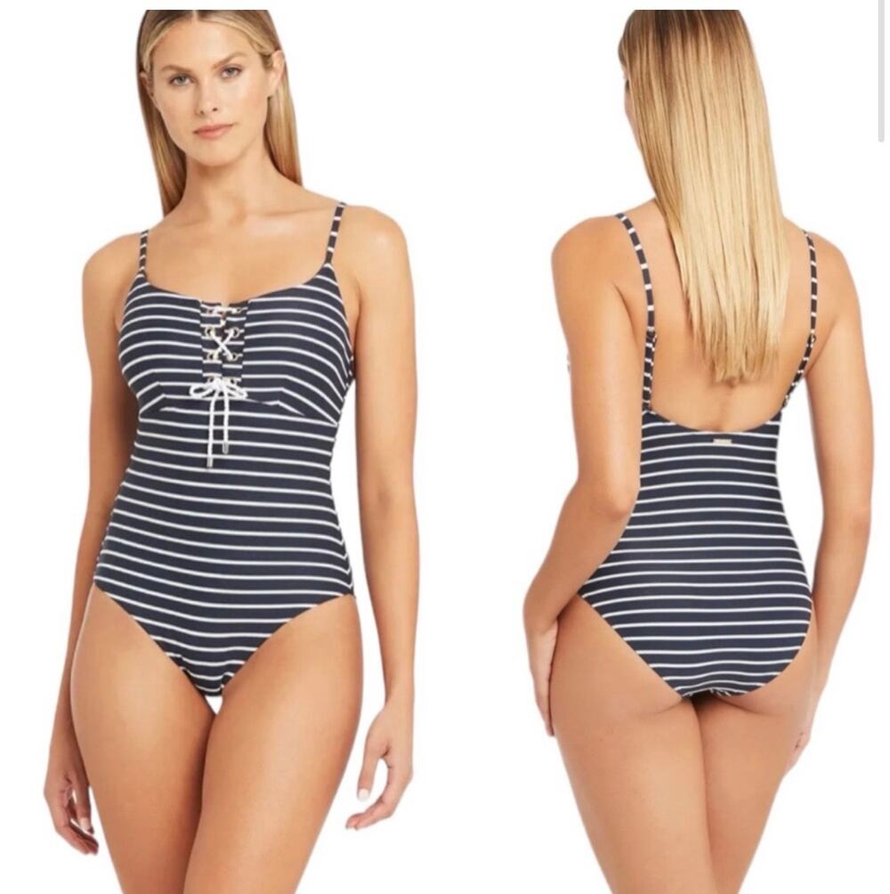 Sea Level Swim Charmarel Lace Up Bralette One Piece Black Stripe 6 NWT